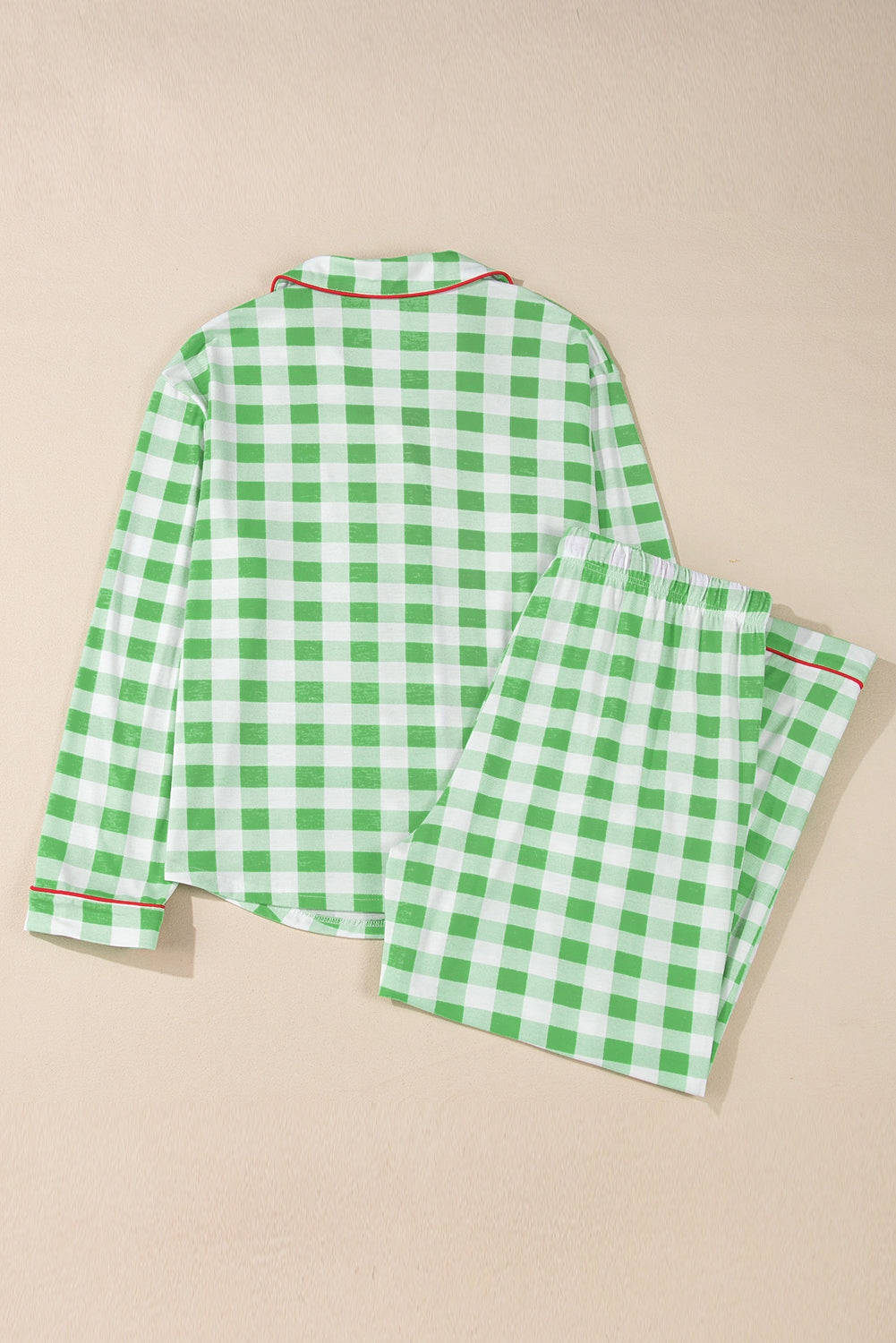 Light green gingham pajama set with red trim, collared long sleeve top and pants