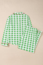 Light green gingham pajama set with red trim, collared long sleeve top and pants