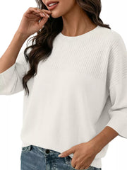 Elegant Crew Neck Eyelet Ribbed Sweater in Pink, view 13