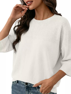 Elegant Crew Neck Eyelet Ribbed Sweater in Pink, view 13