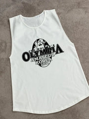 White Olympia graphic muscle tank top with crew neck and athletic cut.