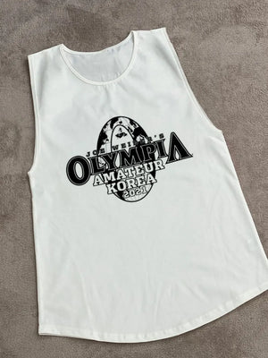 White Olympia graphic muscle tank top with crew neck and athletic cut.