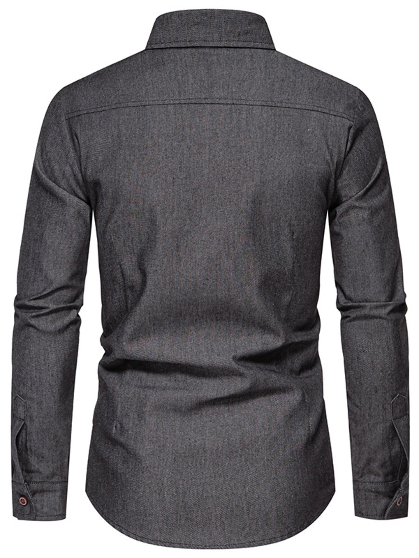 Men's dark gray cotton button-down shirt with long sleeves and buttoned cuffs.