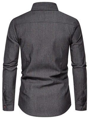 Men's dark gray cotton button-down shirt with long sleeves and buttoned cuffs.