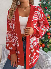 Festive red acrylic open-front cardigan with white snowflake and heart jacquard pattern.
