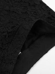 Black lace maxi skirt with sheer detail and elastic waistband.