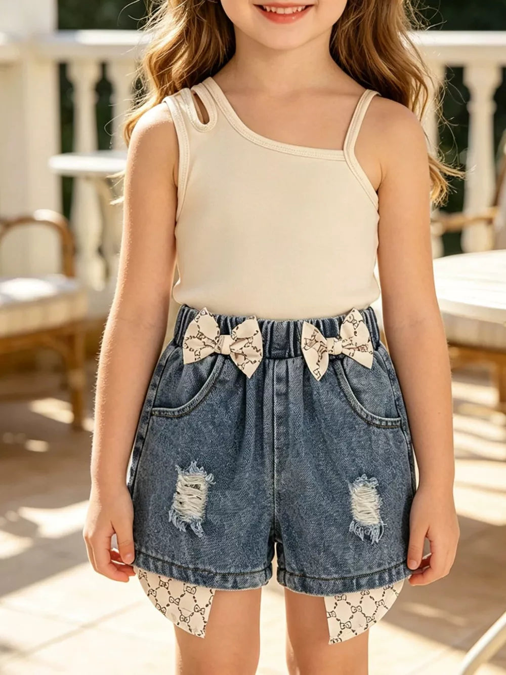 Baby girls' cream asymmetrical tank top and distressed denim shorts with bow accents