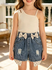 Baby girls' cream asymmetrical tank top and distressed denim shorts with bow accents