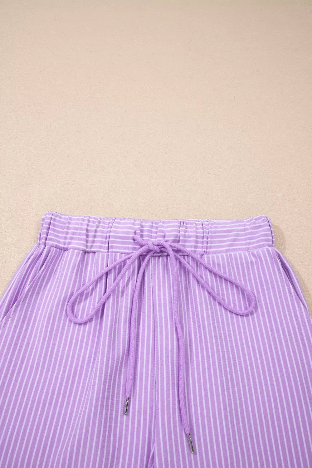 Purple striped cotton drawstring shorts with elastic waistband