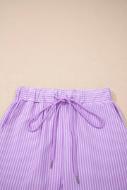 Purple striped cotton drawstring shorts with elastic waistband