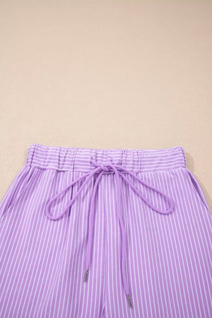 Purple striped cotton drawstring shorts with elastic waistband