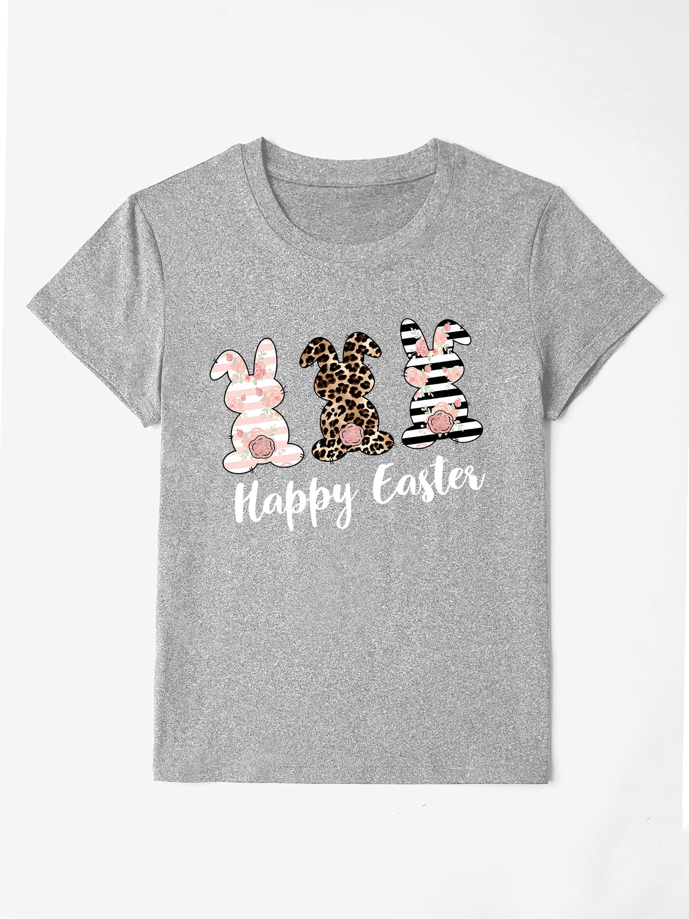 Gray t-shirt with three graphic bunnies and Happy Easter text.