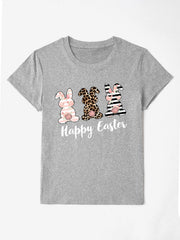 Gray t-shirt with three graphic bunnies and Happy Easter text.