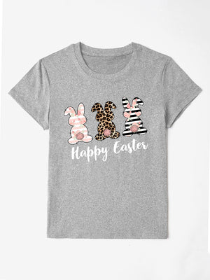 Gray t-shirt with three graphic bunnies and Happy Easter text.