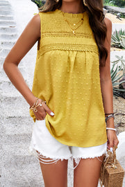 Yellow textured yoke dot tank top with smocked neckline and lace trim detail.