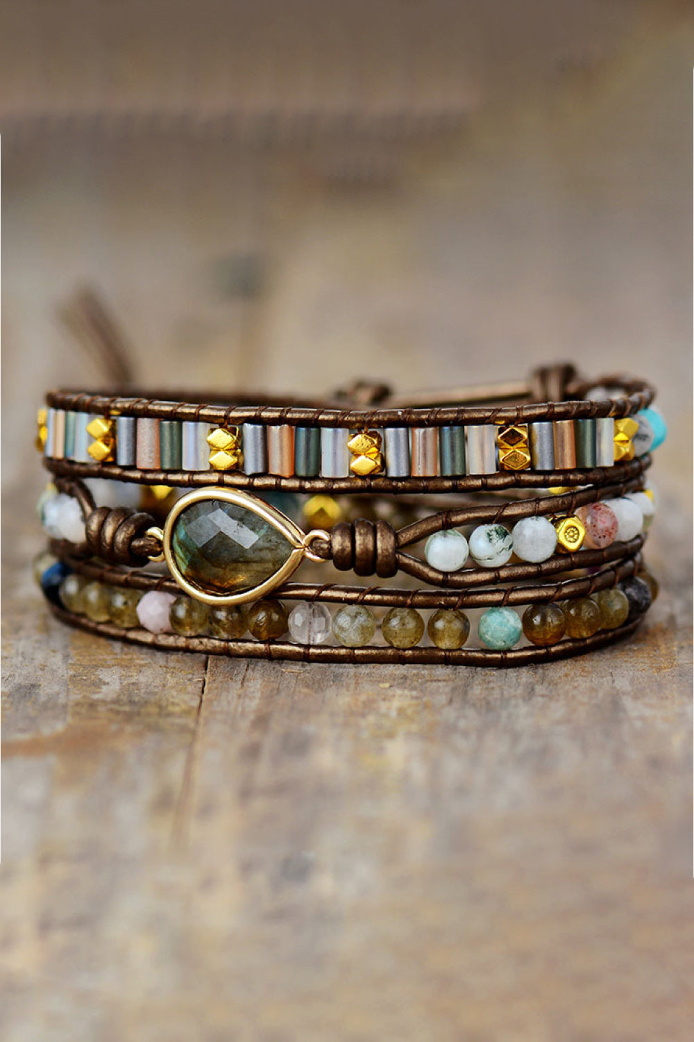 Bohemian wrap bracelet in mocha with gemstone focal and beaded detail