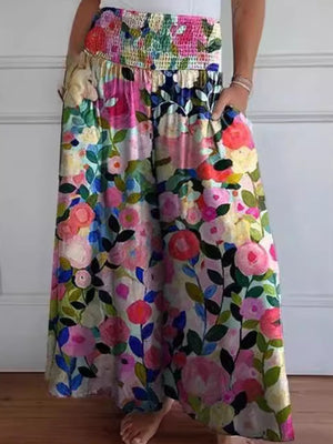 Floral smocked waistline flow trousers with pockets