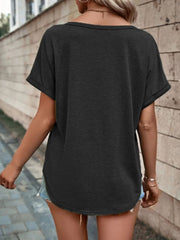 Buttoned V-neck short sleeve t-shirt in dark gray with cuffed sleeves.