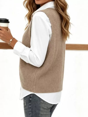 Chic V-neck Sleeveless Knit Sweater Vest Plus Size in White, alternate angle