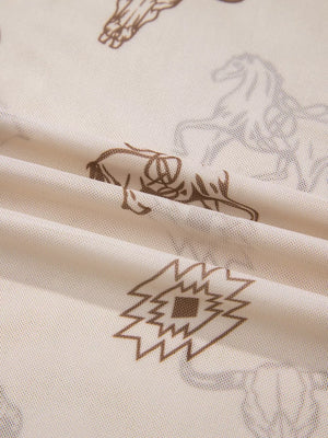 Sheer mesh mock neck shirt in cream with brown western horse and geometric print.