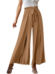 Caramel paperbag waist palazzo pants with side slits and a tie belt.