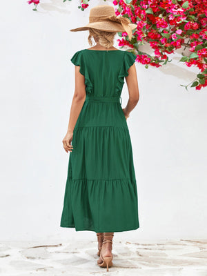 Forest green flutter sleeve tiered midi dress with belt