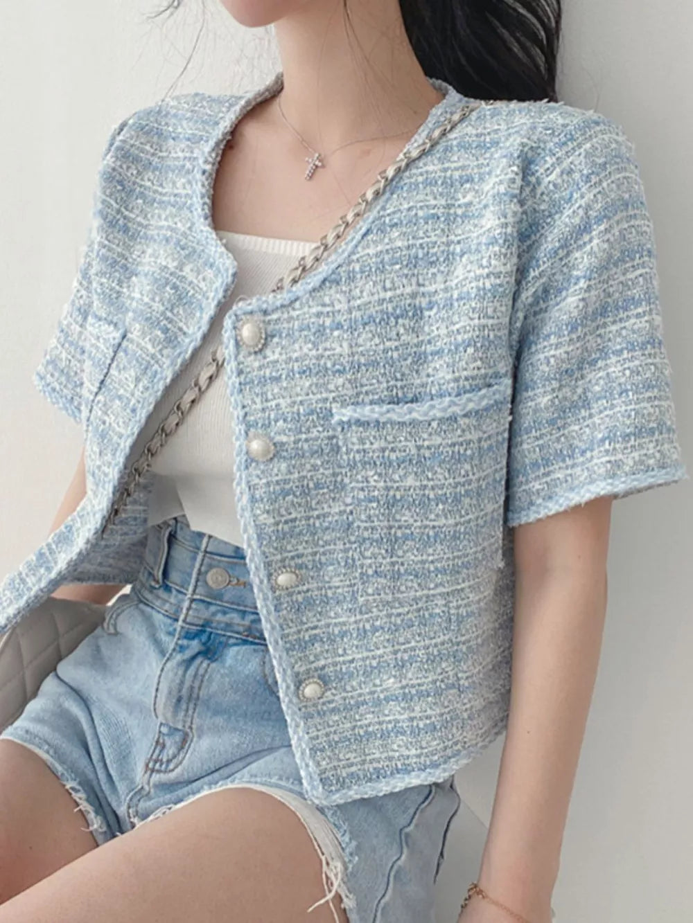 Pearl Button Short Sleeve Tweed Jacket, front view