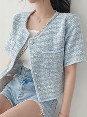 Pearl Button Short Sleeve Tweed Jacket, front view