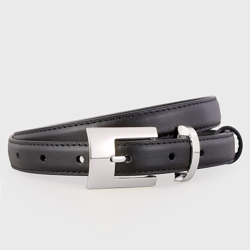 Black cowhide leather belt with a silver buckle and keeper loop.
