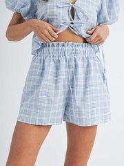 Light blue plaid puff sleeve tie-front set with drawstring shorts