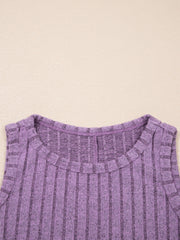 Slim ribbed tank top in purple with a crew neck and sleeveless cut.