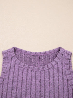 Slim ribbed tank top in purple with a crew neck and sleeveless cut.