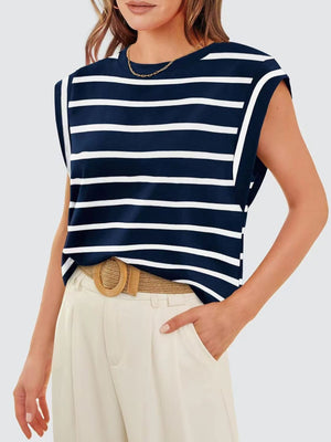Dark blue and white striped sleeveless tank top with a crew neck and padded shoulders.