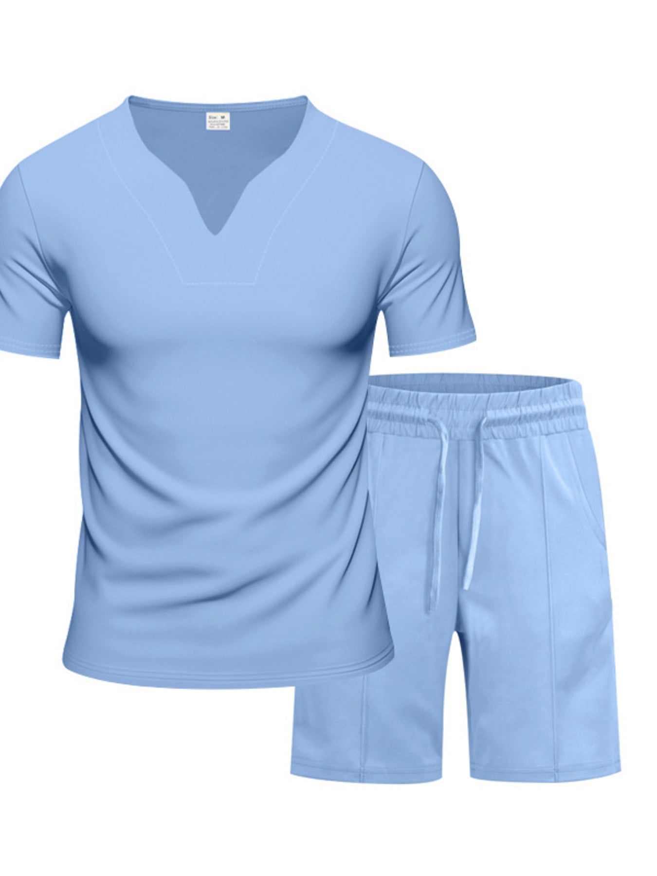 Light blue V-neck tee and drawstring shorts set with notched collar detail