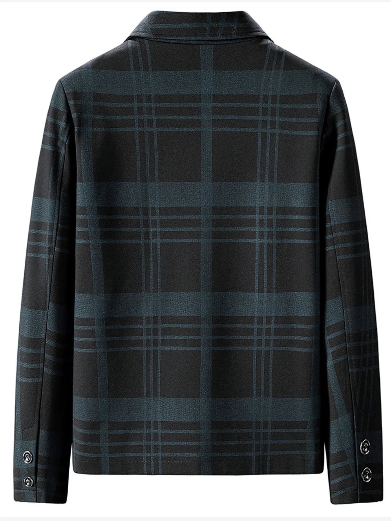 Men's plaid zip-up jacket in black with blue plaid pattern, collared neckline, and button cuffs.