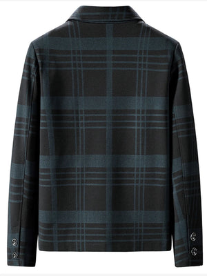Men's plaid zip-up jacket in black with blue plaid pattern, collared neckline, and button cuffs.