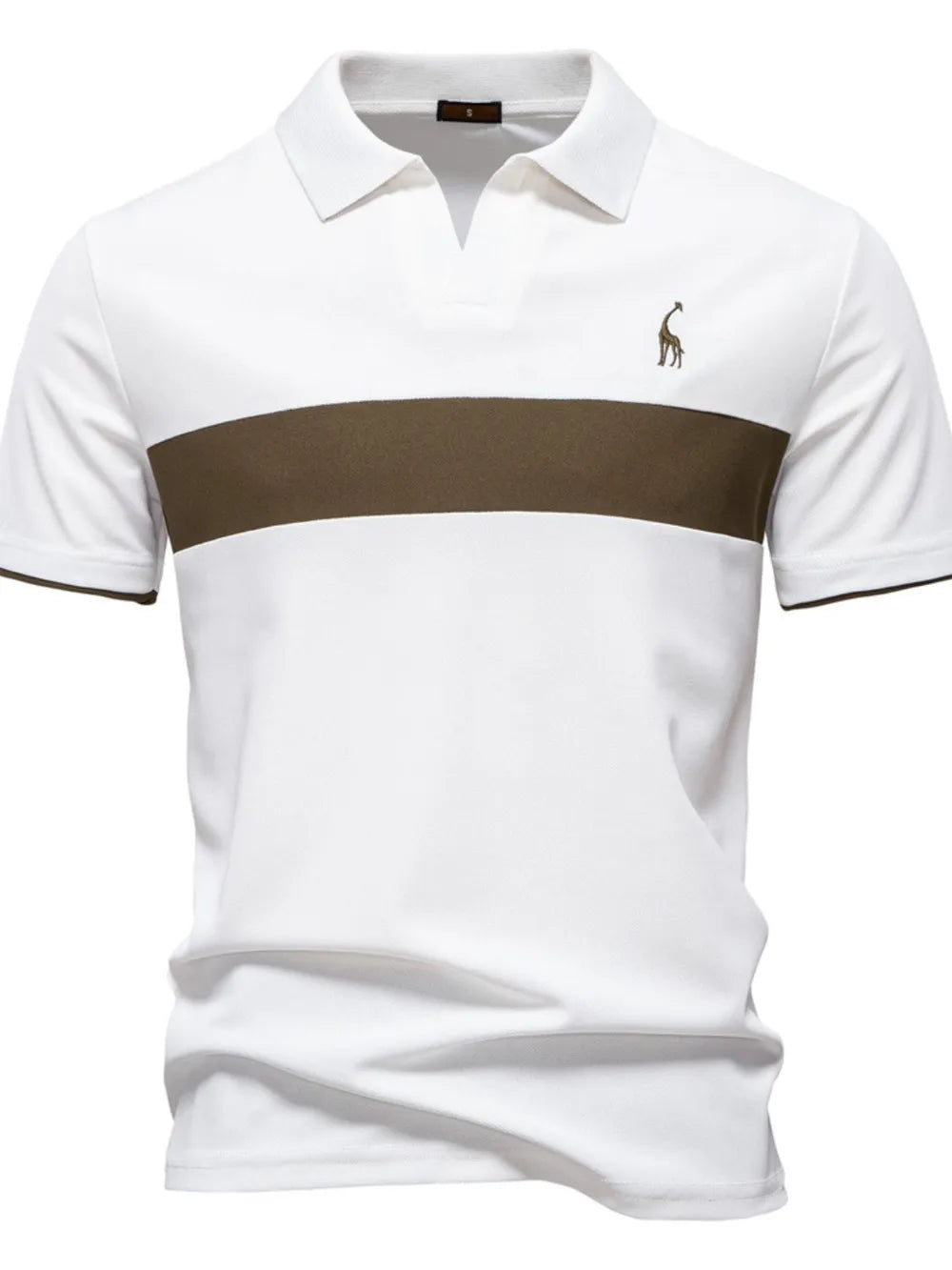 White polo shirt with brown stripe and giraffe embroidery