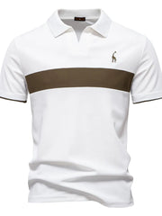White polo shirt with brown stripe and giraffe embroidery