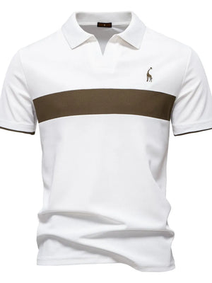 White polo shirt with brown stripe and giraffe embroidery