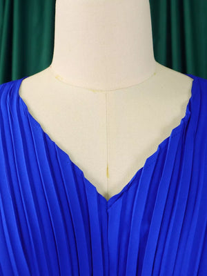 Blue pleated V-neck top with wide leg pants outfit set