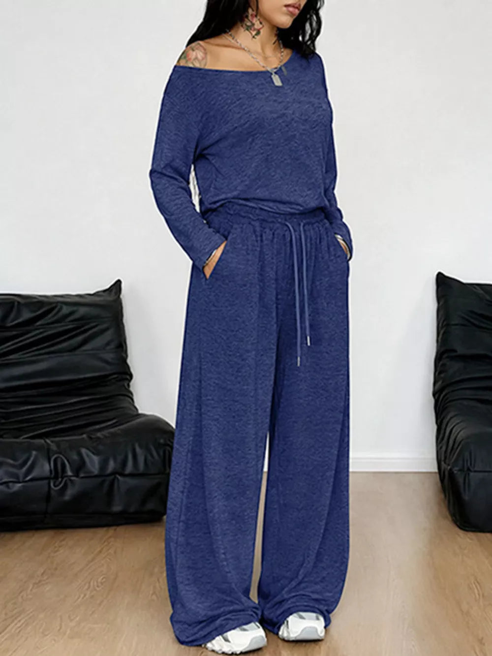 Loose Fit One-shoulder T-shirt And Pants Set Plus Size in Black, editorial view