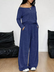 Loose Fit One-shoulder T-shirt And Pants Set Plus Size in Black, editorial view