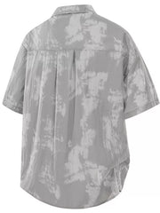 Men's grey tie-dye print casual shirt, short sleeve, buttoned, cotton blend