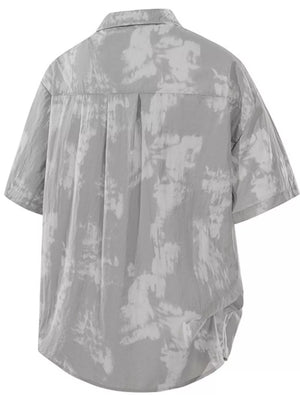Men's grey tie-dye print casual shirt, short sleeve, buttoned, cotton blend