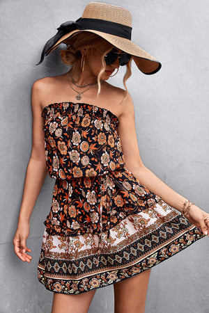 Floral print bandeau mini dress in black with ruffled hem and tiered skirt.
