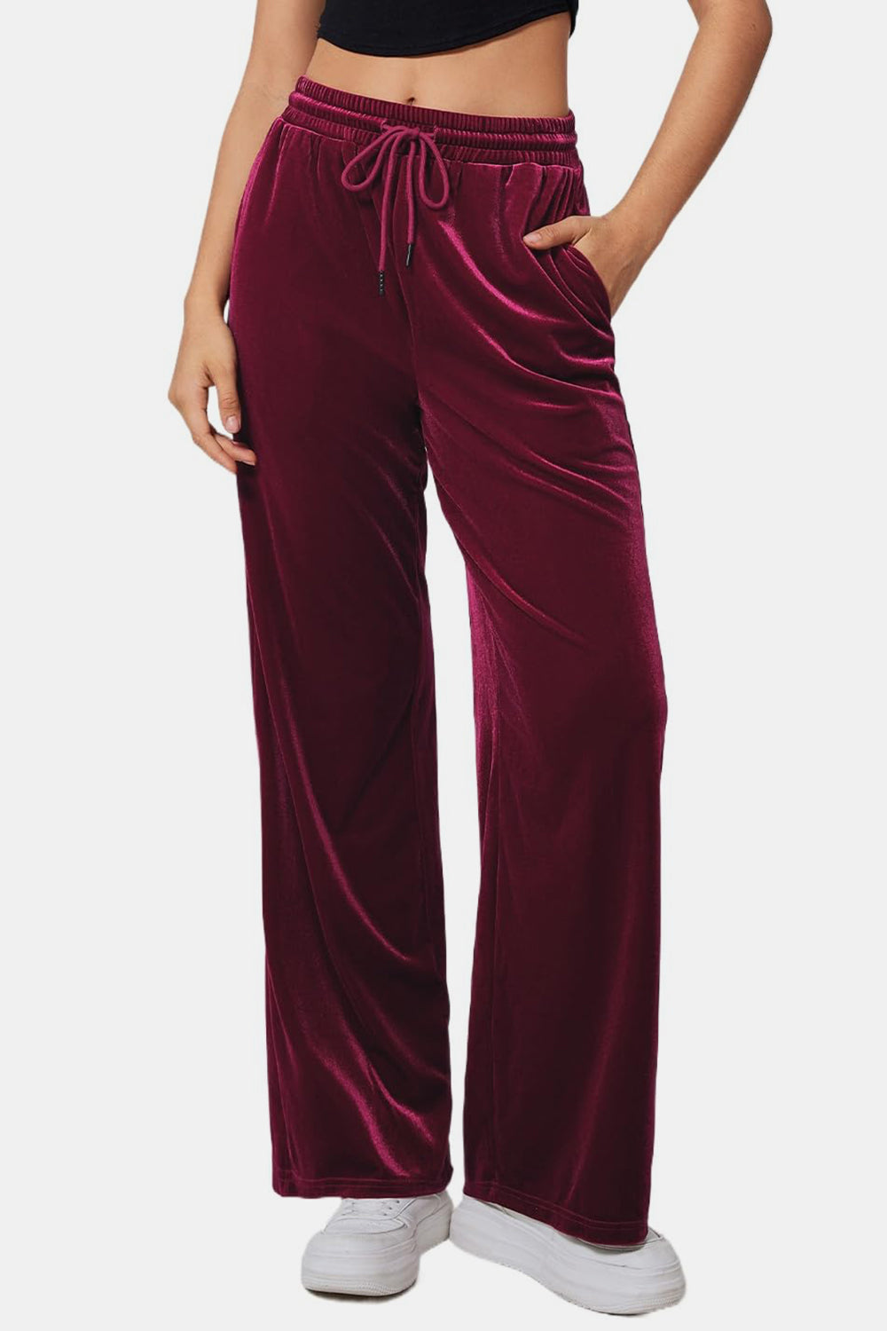 Burgundy velvet palazzo lounge trousers with drawstring waist and pockets