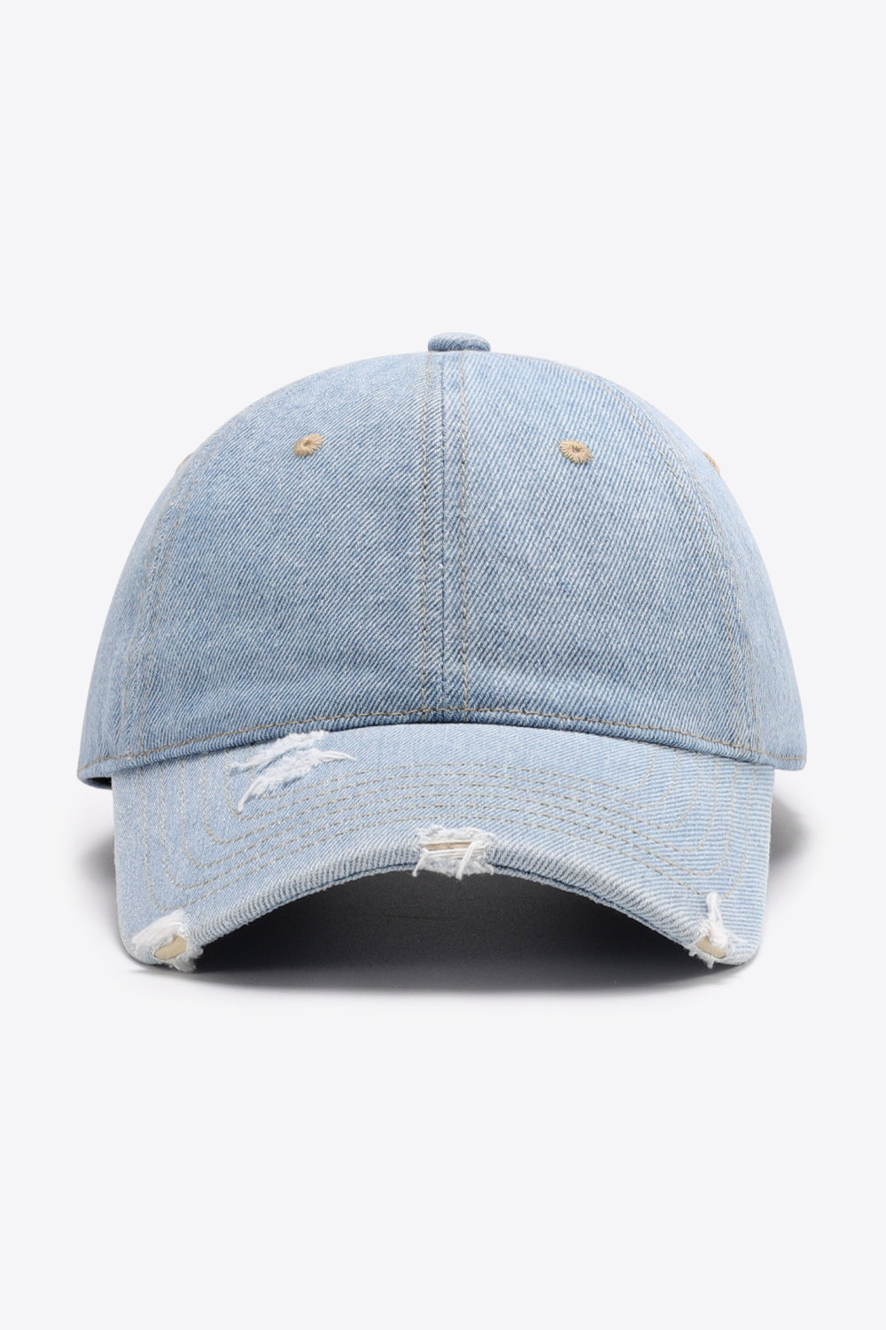 Light blue denim baseball cap with distressed brim and adjustable strap.