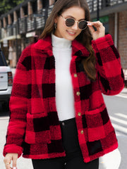 Plaid sherpa overshirt jacket in Deep Red with button front and pockets.