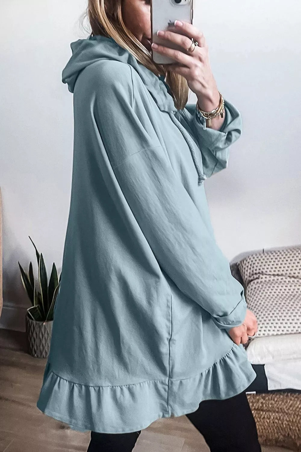Solid Ruffled Hem Loose Fit Tunic Hoodie in Light Blue, close-up detail