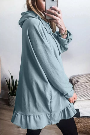 Solid Ruffled Hem Loose Fit Tunic Hoodie in Light Blue, close-up detail